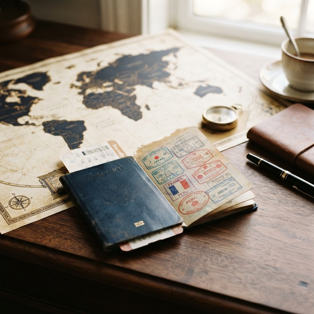 Passport with visa stamps and boarding pass