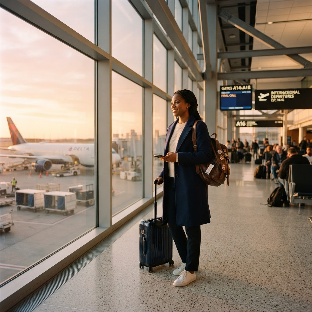 A confident international student in a sunlit airport terminal